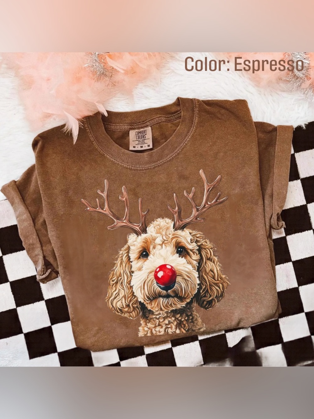 Comfort Colors Espresso Christmas Dog Reindeer Tee with Red Nose